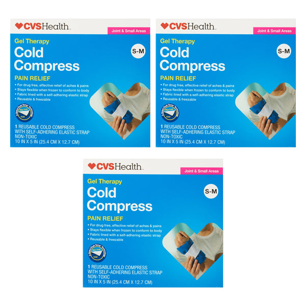 Three boxes of CVS 3 Pack Gel Therapy Cold Compress, S-M, feature a hand applying the self-adhering elastic strap for effective cold therapy and pain relief.